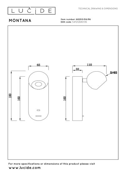 Lucide MONTANA - Wall light - LED - CCT - 1x6,3W 2700K/4000K - With USB charging point - Coffee - Premium
